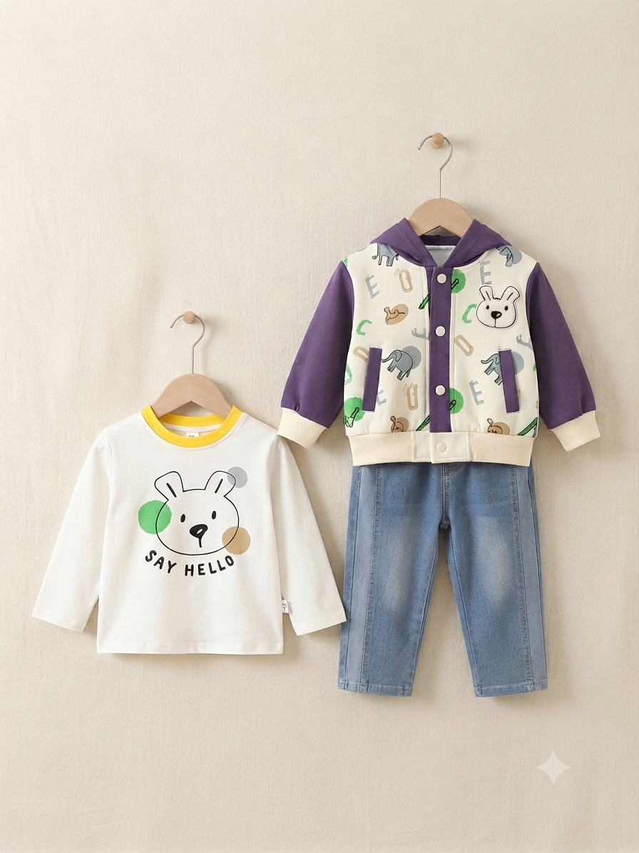 Cute Baby Boy Outfit Set With Printed Hoodie T Shirt And Comfortable Denim Jeans