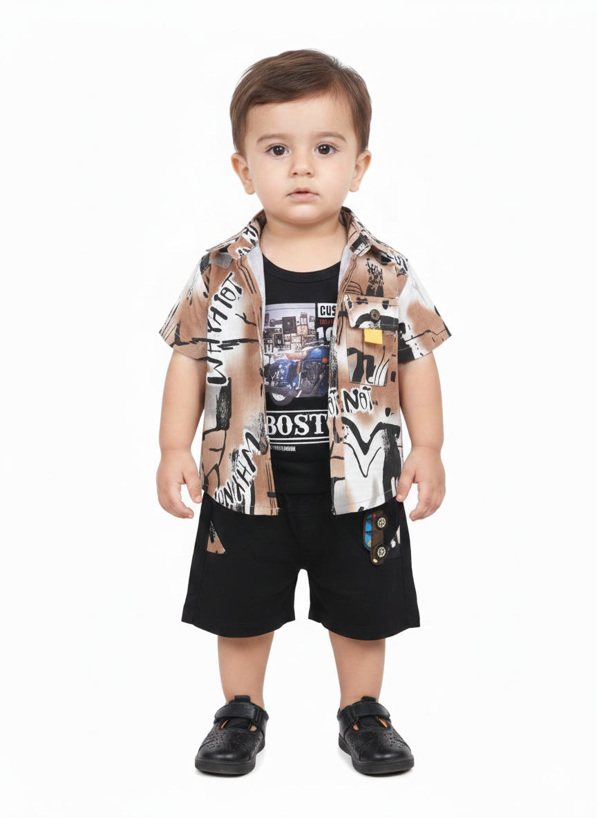 Boys' Urban Three-Piece Streetwear Set with Graphic Button-Down Shirt and Car Detail Shorts