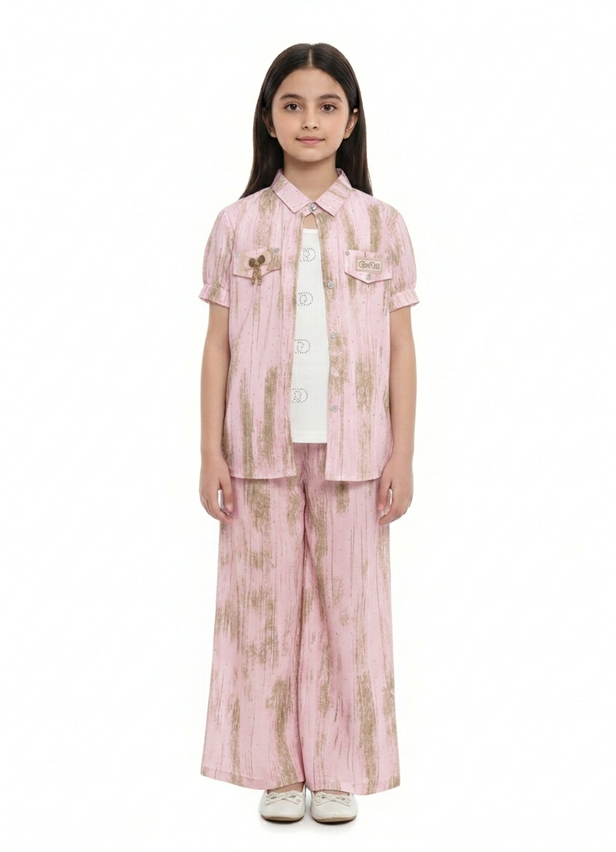Trendy Girls' Abstract Print 2-Piece Co-ord Set with Short Sleeve Shirt and Wide-Leg Pants