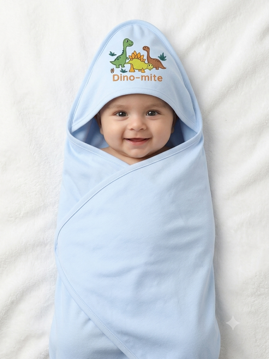 Cute Soft Light Blue Hooded Baby Swaddle Blanket With Cute Dino Mite Dinosaur Design