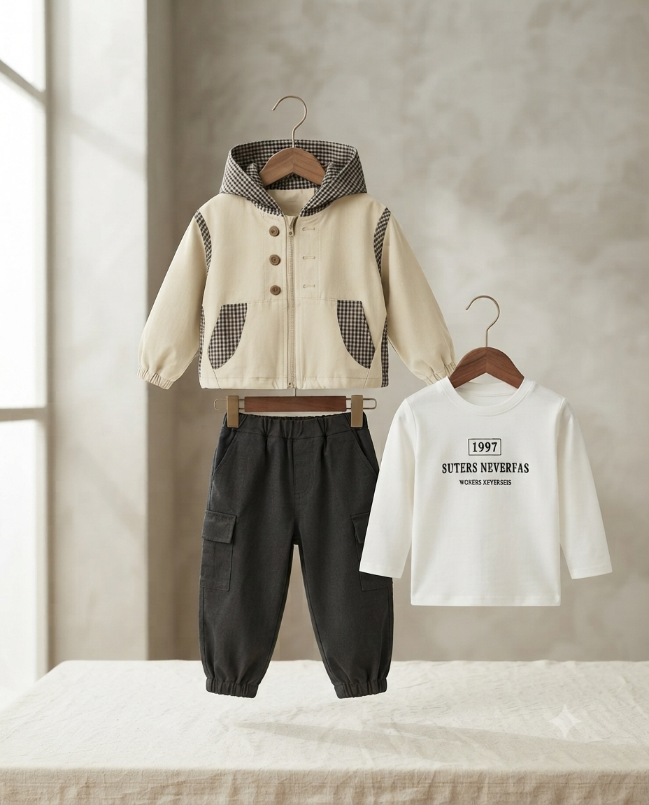 Trendy Boys Hooded Jacket T-shirt and Cargo Pant Set for Comfortable Daily Wear