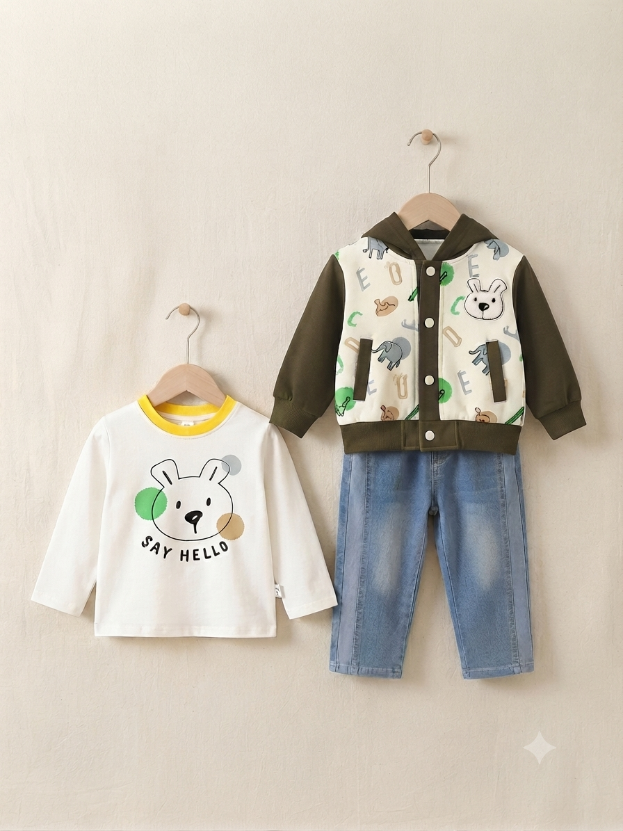 Cute Baby Boy Outfit Set With Printed Hoodie T Shirt And Comfortable Denim Jeans