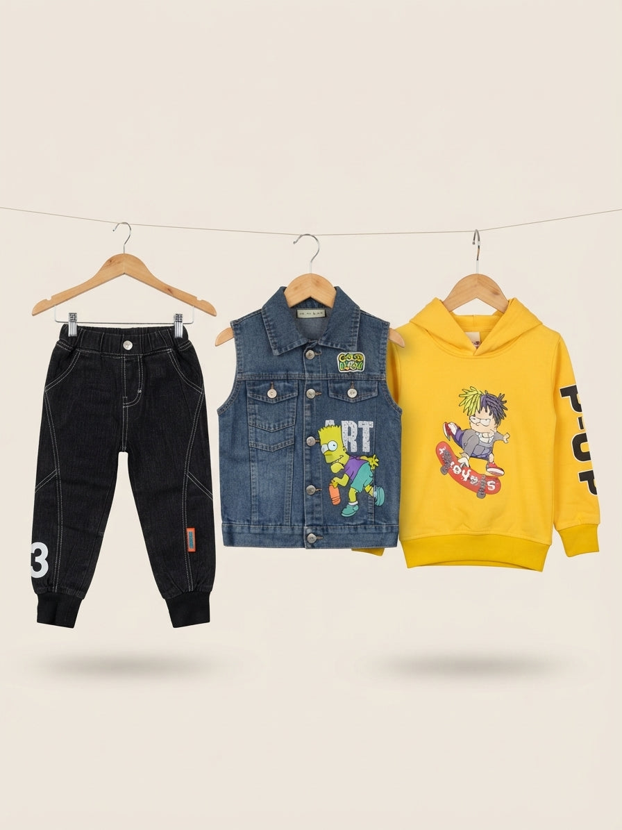 Kids Cartoon Graphic Hoodie Denim Vest And Trouser 3 Piece Outfit Set