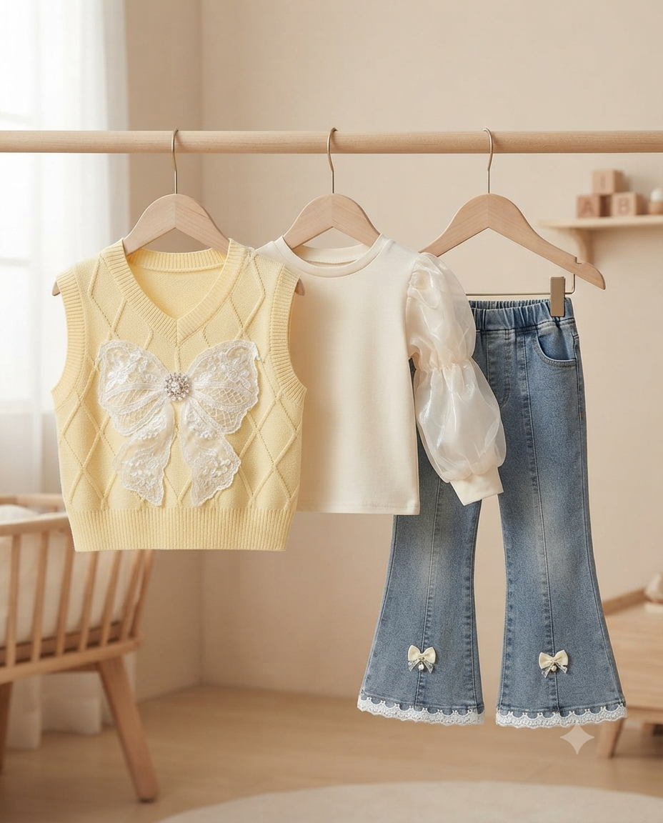 Girls Cute 3-Piece Outfit Set Knit Vest Blouse and Bell Bottom Denim Jeans