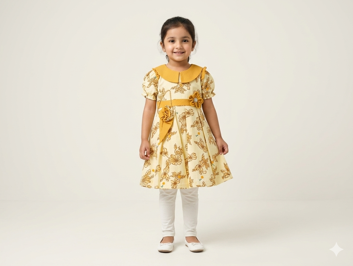 Elegant Floral Printed Girls' Cotton Frock and Leggings Two-Piece Set in Green and Yellow