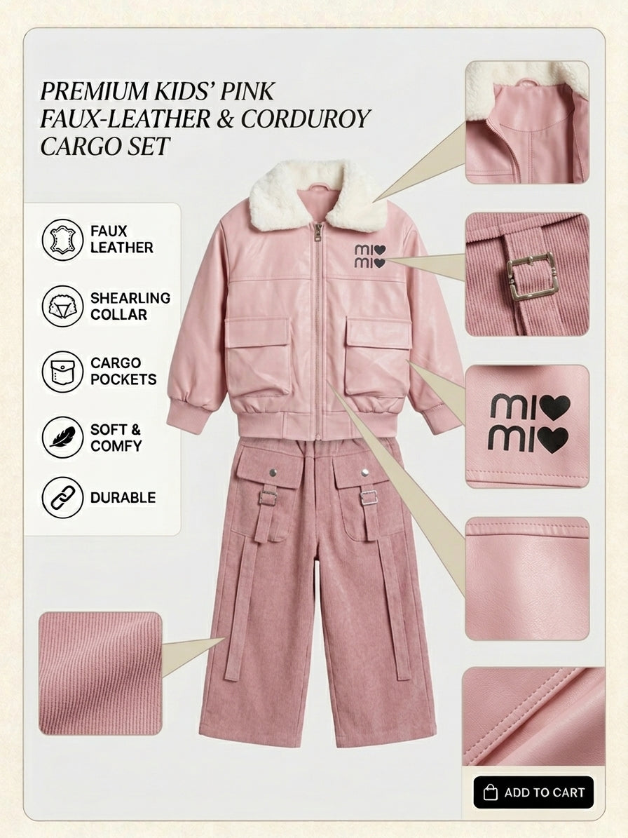 Girls Lavender Faux Leather Fur Collar Jacket Three Piece Suit Set With White Inner T-Shirt