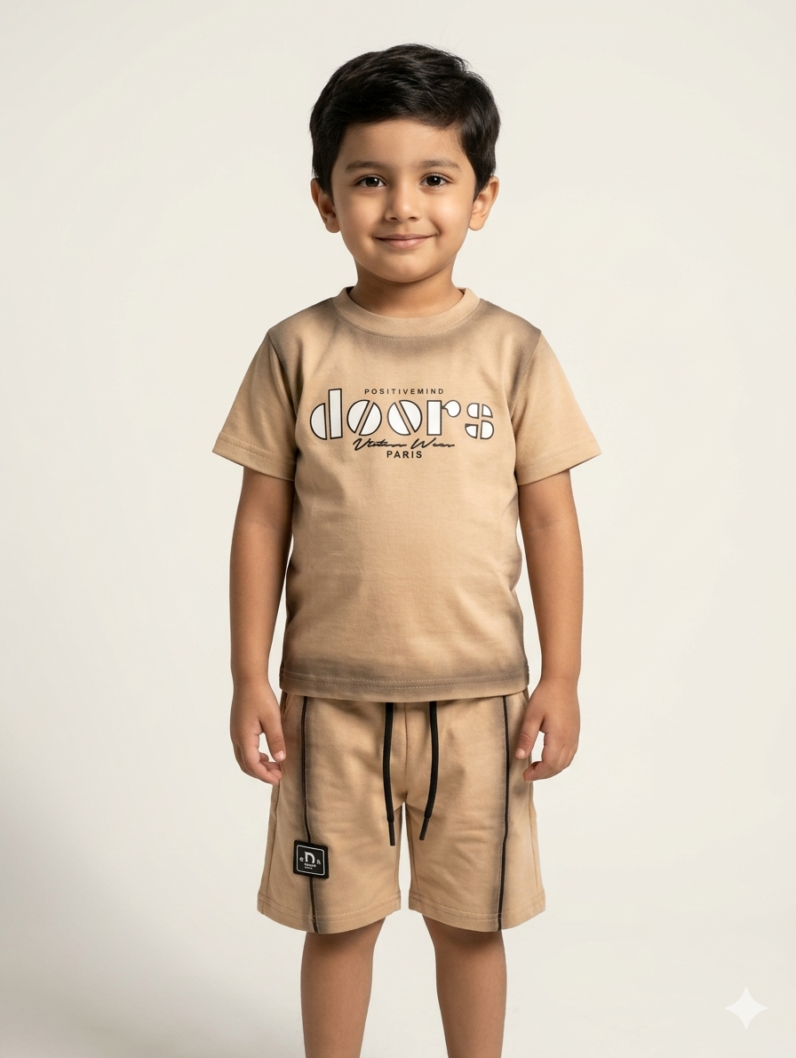 Boys' Premium Two-Piece Summer Short Set with Graphic Tee in Grey, Beige, and Purple