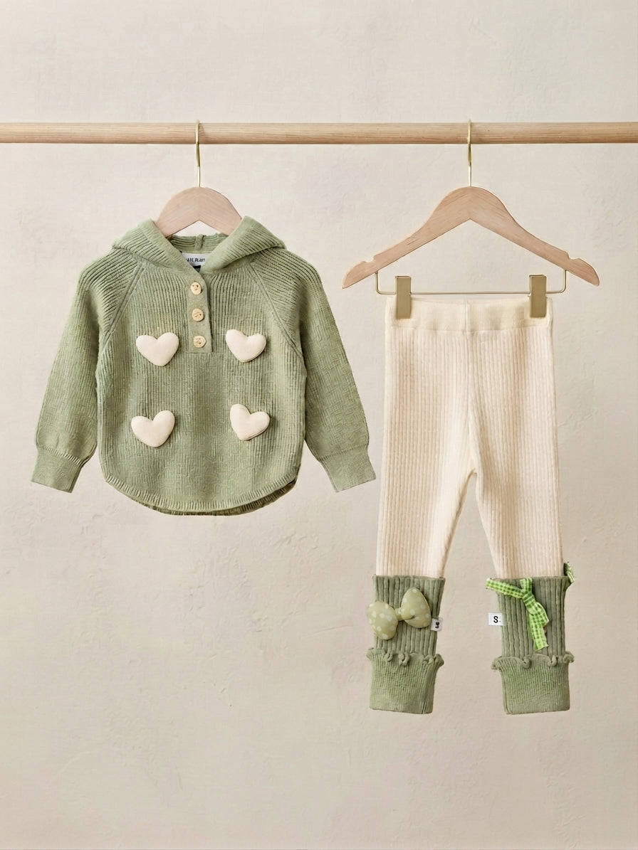 Adorable Kids Winter Knitwear Outfit Set Featuring Hooded Sweater And Cute Matching Trousers
