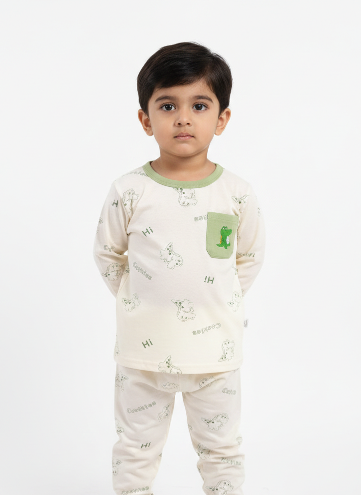 China Imported Kids Night Suit – “Hi” Alphabet & Dinosaur Print with Pocket | Soft Cotton Nightwear
