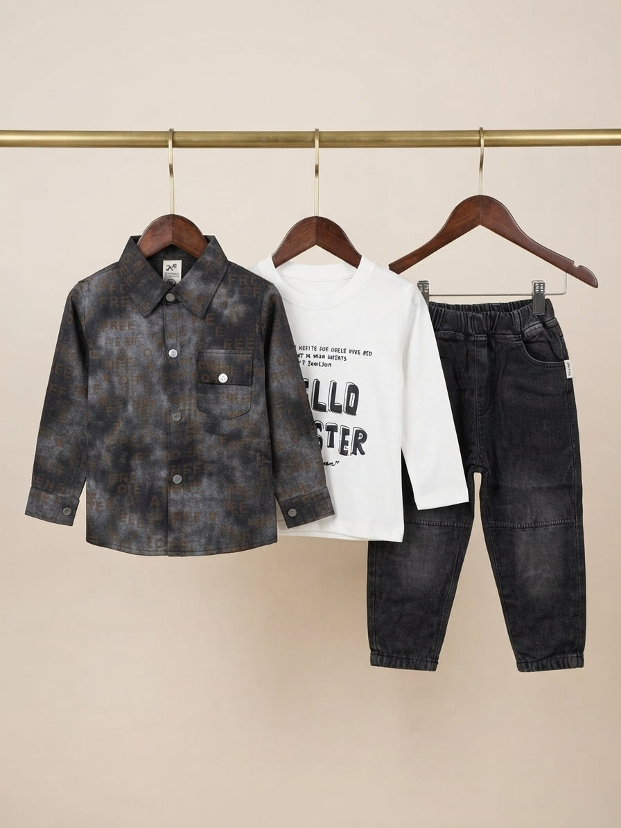 Stylish Boys Checked Shirt White Graphic Tee And Blue Denim Trouser Outfit Set