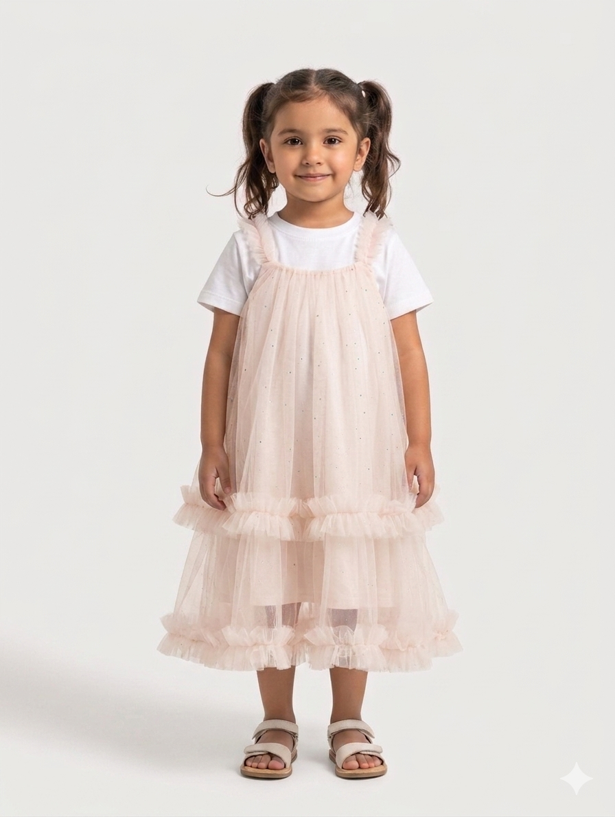 Toddler Girls Layered Tulle Sparkle Pinafore Dress with Casual White Tee Set in Three Colors
