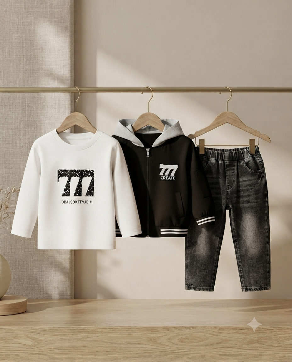 Boys Stylish 3-Piece Outfit Set: Graphic Sweatshirt, Hooded Zip Jacket, And Washed Denim Jeans