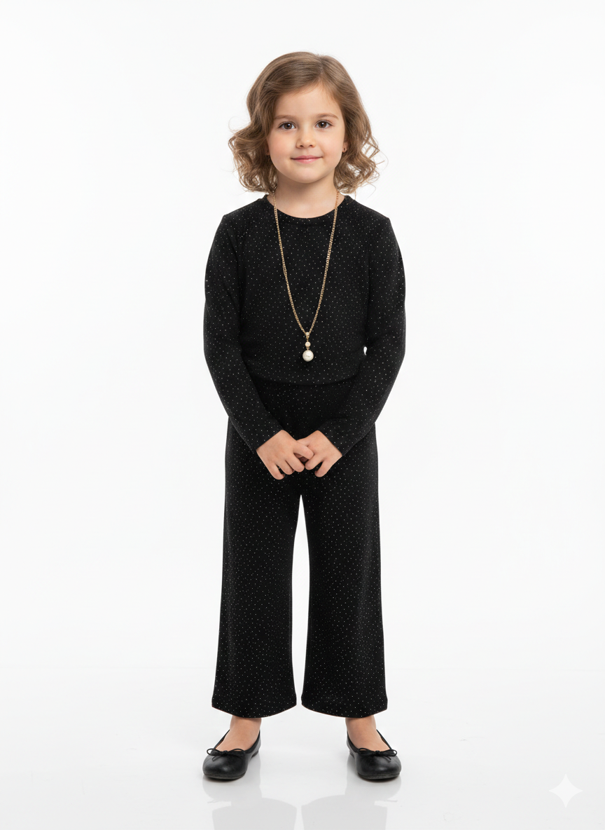 Elegant Girls' Shimmering Black Long Sleeve Top and Matching Wide-Leg Trouser Evening Jumpsuit Set