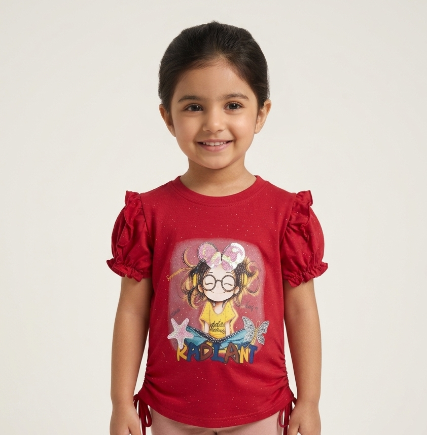 Girls Radiant Sparkle Flutter Sleeve Graphic Tee - Puff Shoulder Cinch Waist Casual Top
