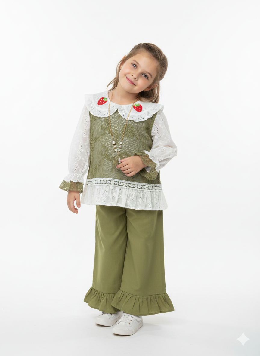 Sweet Strawberry Embroidered Lace Collar Blouse and Ruffle Hem Wide Leg Pants Two-Piece Set