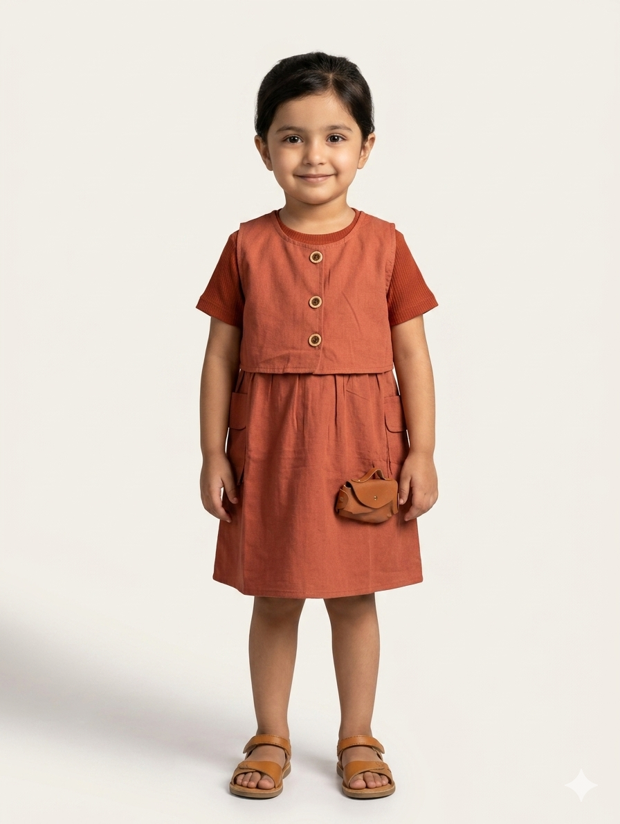 Toddler Girls Elegant Two-Piece Style Button-Down Cotton Dress with Functional Pockets