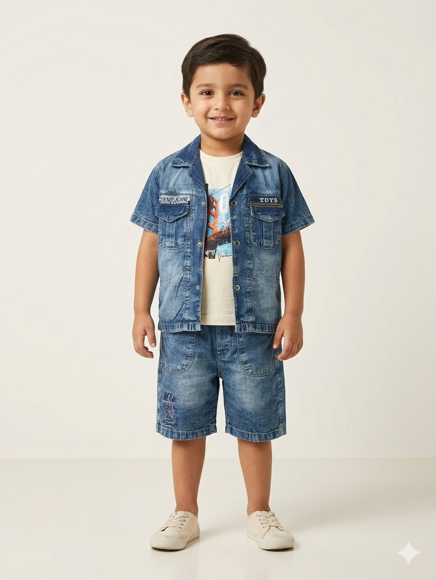 Boys Stylish Denim Co-ord Set with Graphic Tee and Matching Cargo Shorts Three Piece Outfit