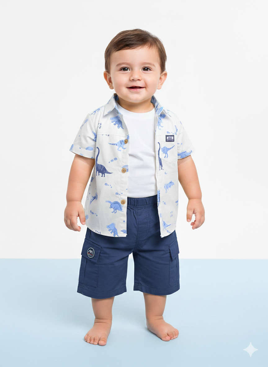 Baby Boys Three Piece Dinosaur Explorer Set Mint Green Printed Shirt Inner Tee Shorts