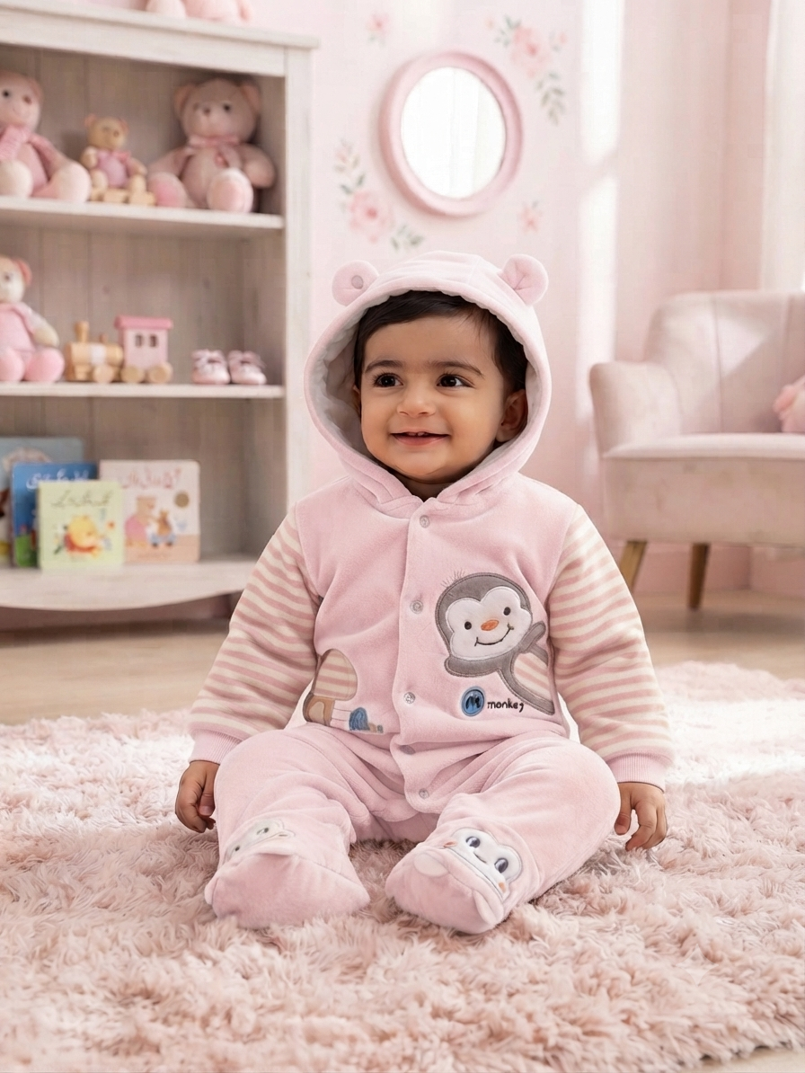 Cute Baby Fleece Romper with Hood and Cute Applique