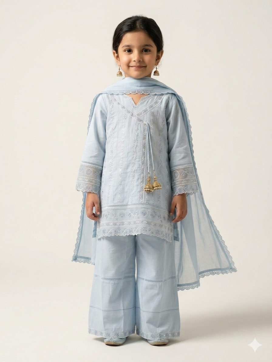 Girls Elegant Angrakha Style 3-Piece Embroidered Suit with Tassels and Scalloped Lace Finishes