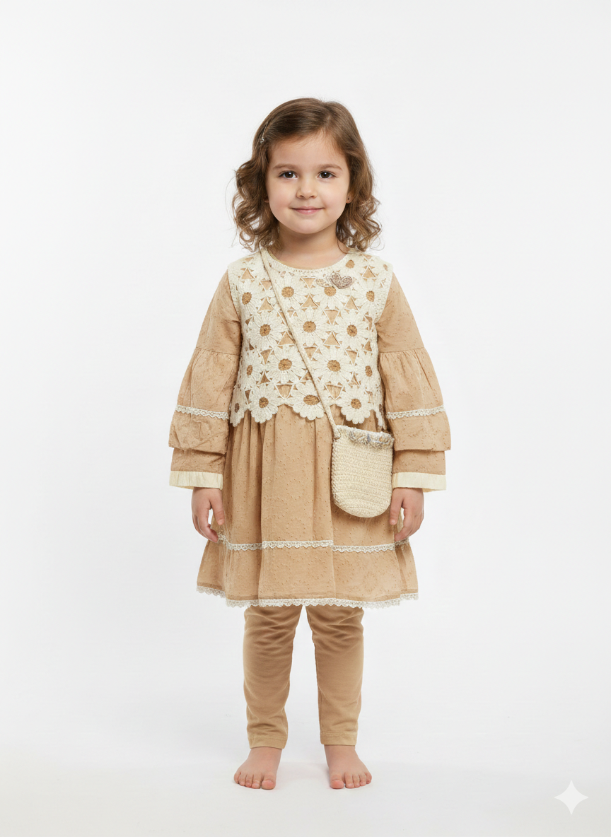 Girls' 4-Piece Boho Eyelet Tunic Set with Floral Crochet Vest and Crossbody Bag Ensemble