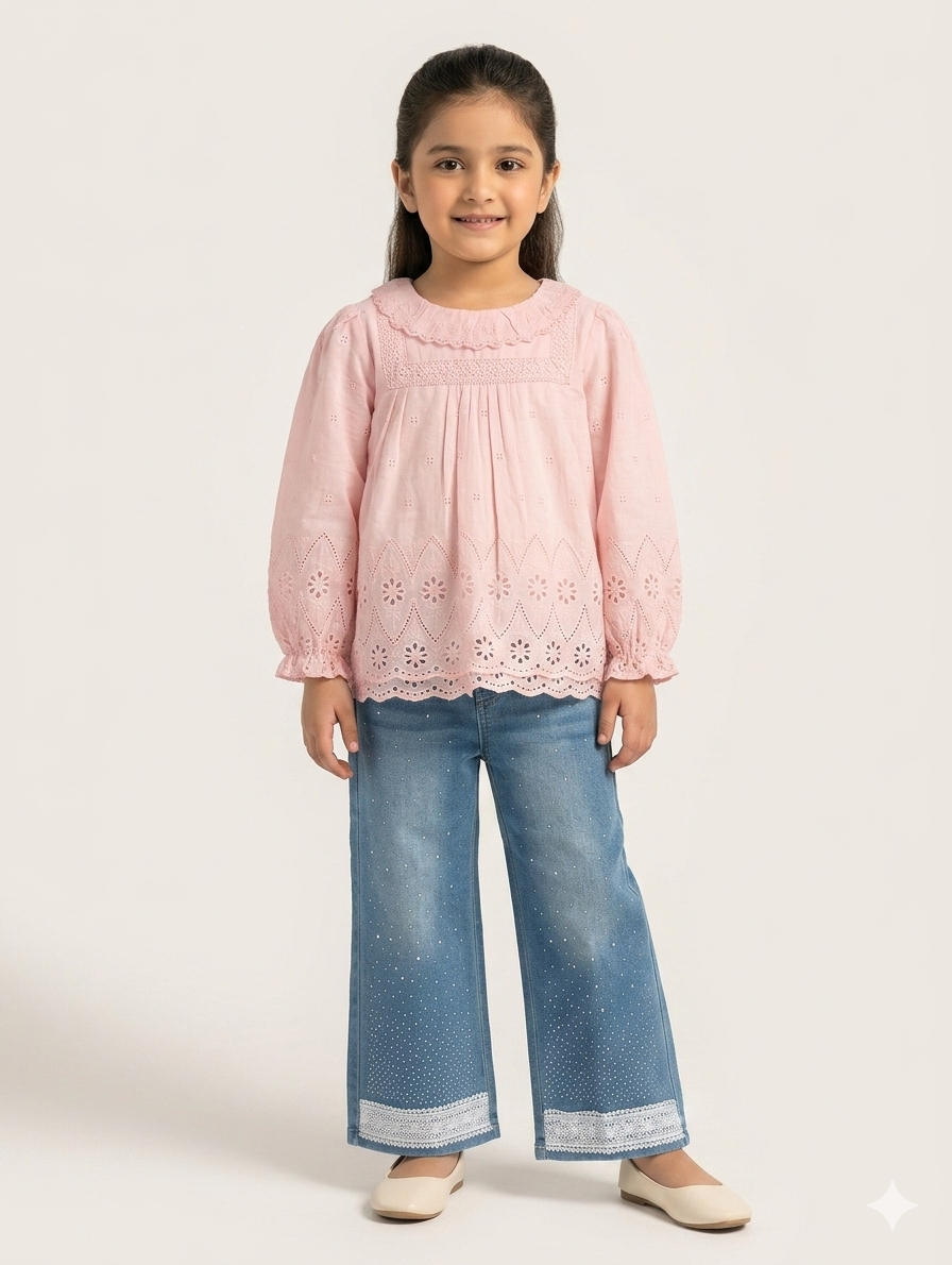 Charming Girls Eyelet Embroidered Cotton Blouse with Scalloped Trim and Sparkly Embellished Denim Wide-Leg Jeans