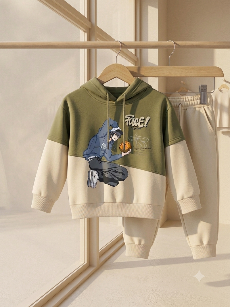Charming Olive Green And Beige Basketball Graphic Hooded Sweatshirt And Trouser Set