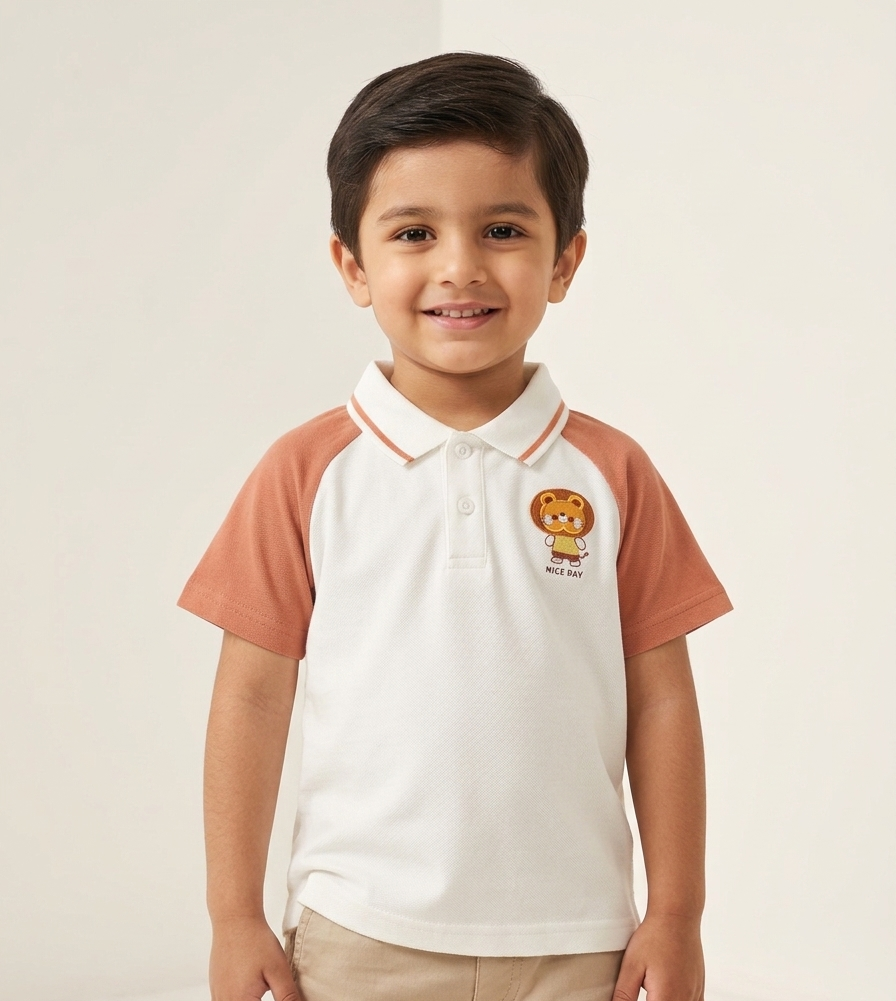 Boys' Two-Tone Cotton Polo Shirt with Cute Lion Embroidery and Raglan Short Sleeves