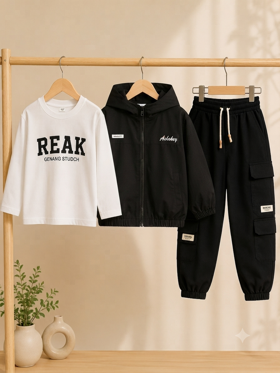 Stylish Kids 3-Piece Outfit Set Featuring Comfortable Hoodie, Printed T-Shirt, and Cargo Trousers