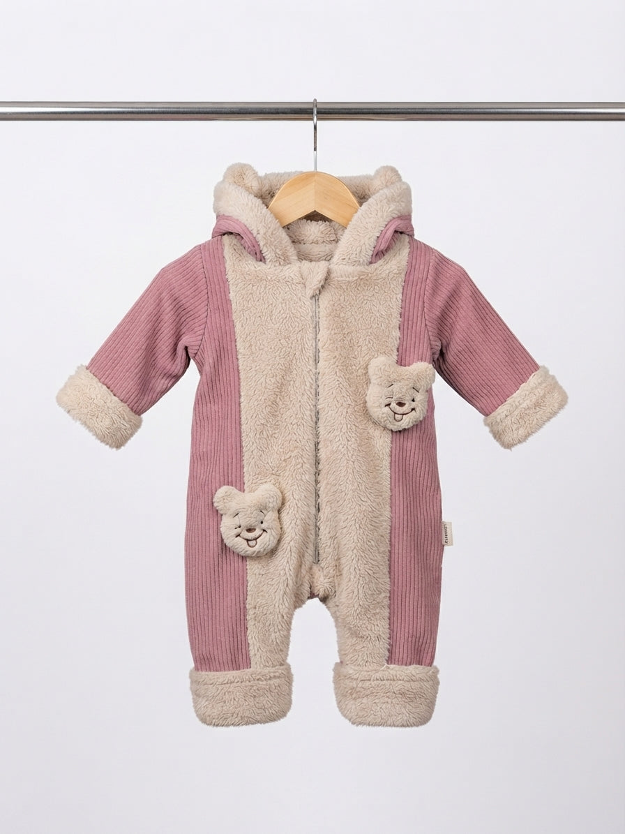 Baby Hooded Sherpa Panel Romper With Cute Bear Pockets And Zipper