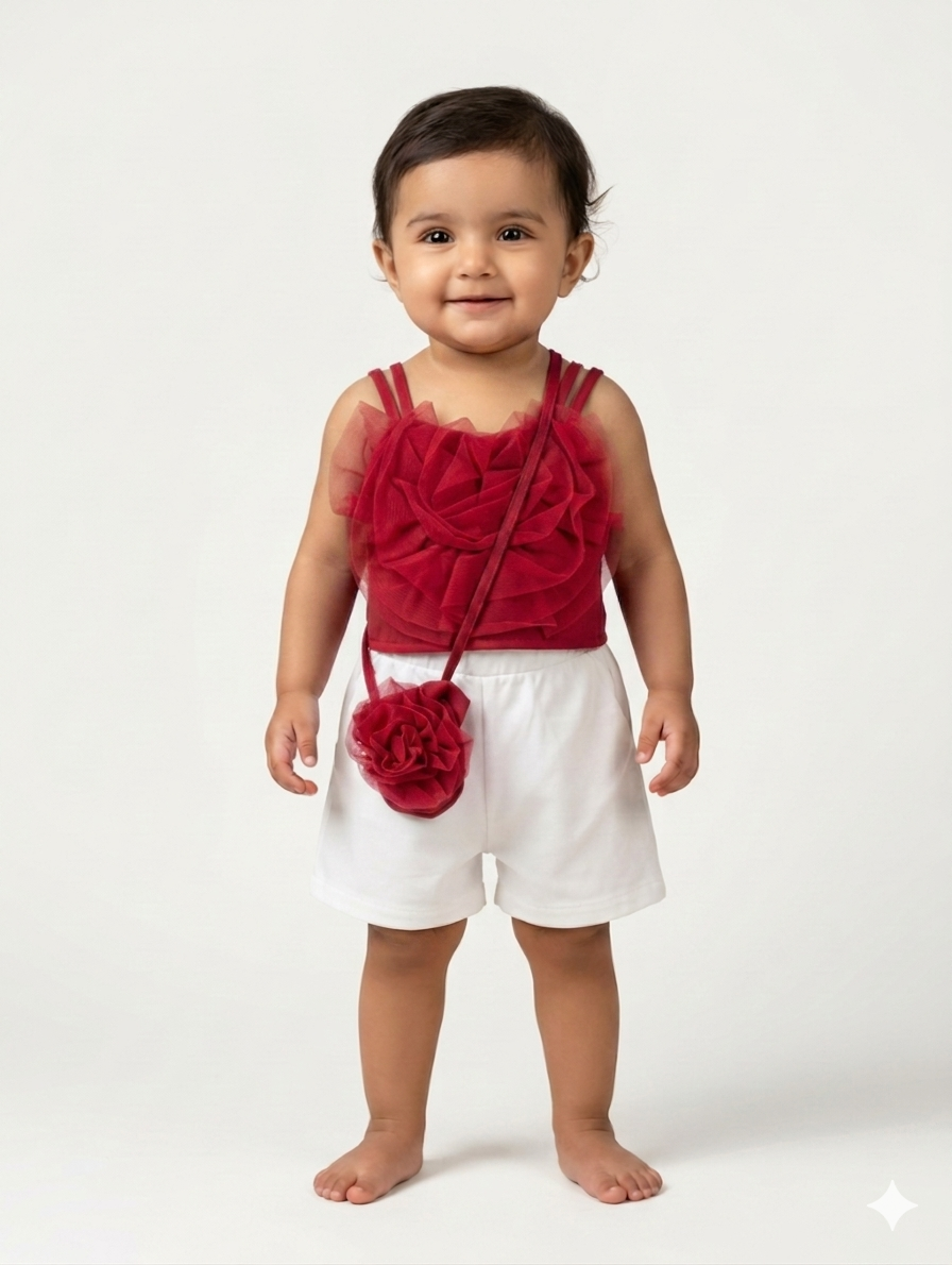 Toddler Girl Floral Tulle Ruffle Top and White Shorts Two-Piece Summer Fashion Outfit Set