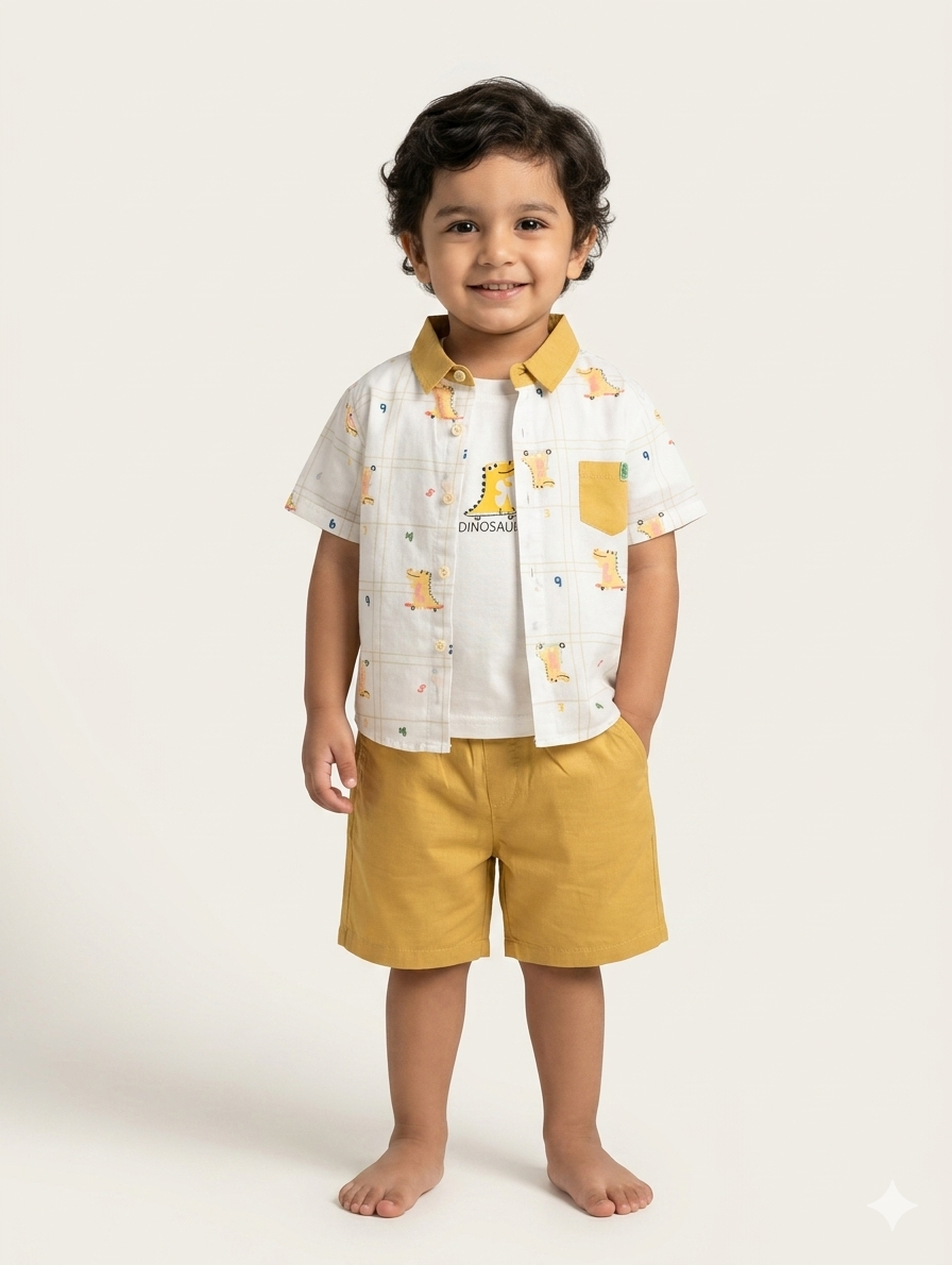 Boys Three Piece Dinosaur Print Cotton Set With Short Sleeve Shirt Inner Tee And Shorts