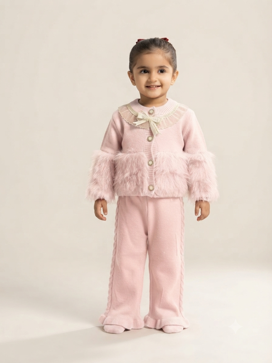 Chic girls winter knitted cardigan and full length trouser set with faux fur and bow collar.