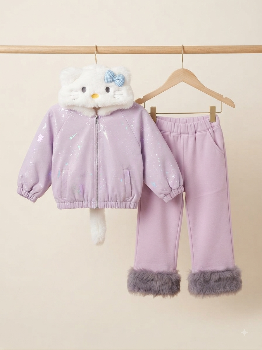 Purple Kids Winter Outfit With Fur Hood And Matching Trousers