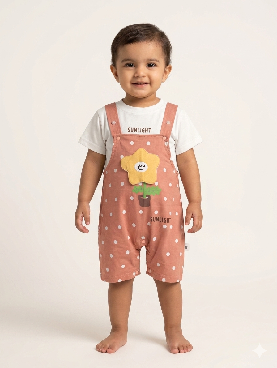 Toddler Summer Romper Set – Polka Dot Overalls with Sunlight Graphic and Floral Patch Detail