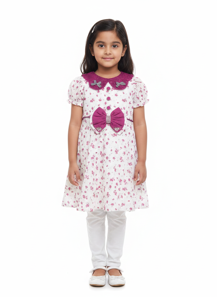Girls' Floral Puff-Sleeve Frock with Oversized Bow Detail and Matching White Slim-Fit Trousers