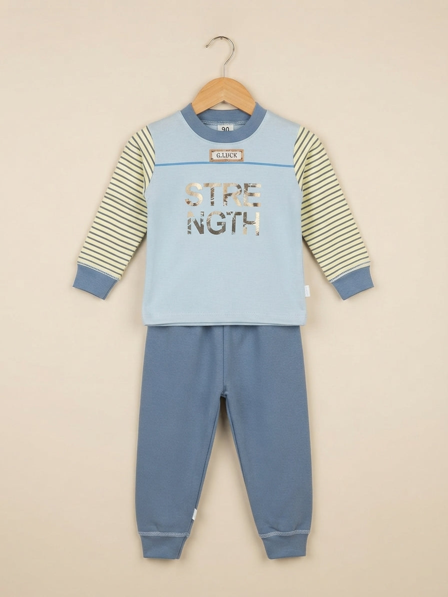 Stylish Kids Striped Sleeve Strength Graphic Shirt And Matching Trouser Outfit Set