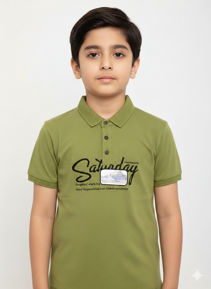 Classic Boys "Saturday" Graphic Polo Shirt Available In Multiple Colors For Versatile Weekend Styling