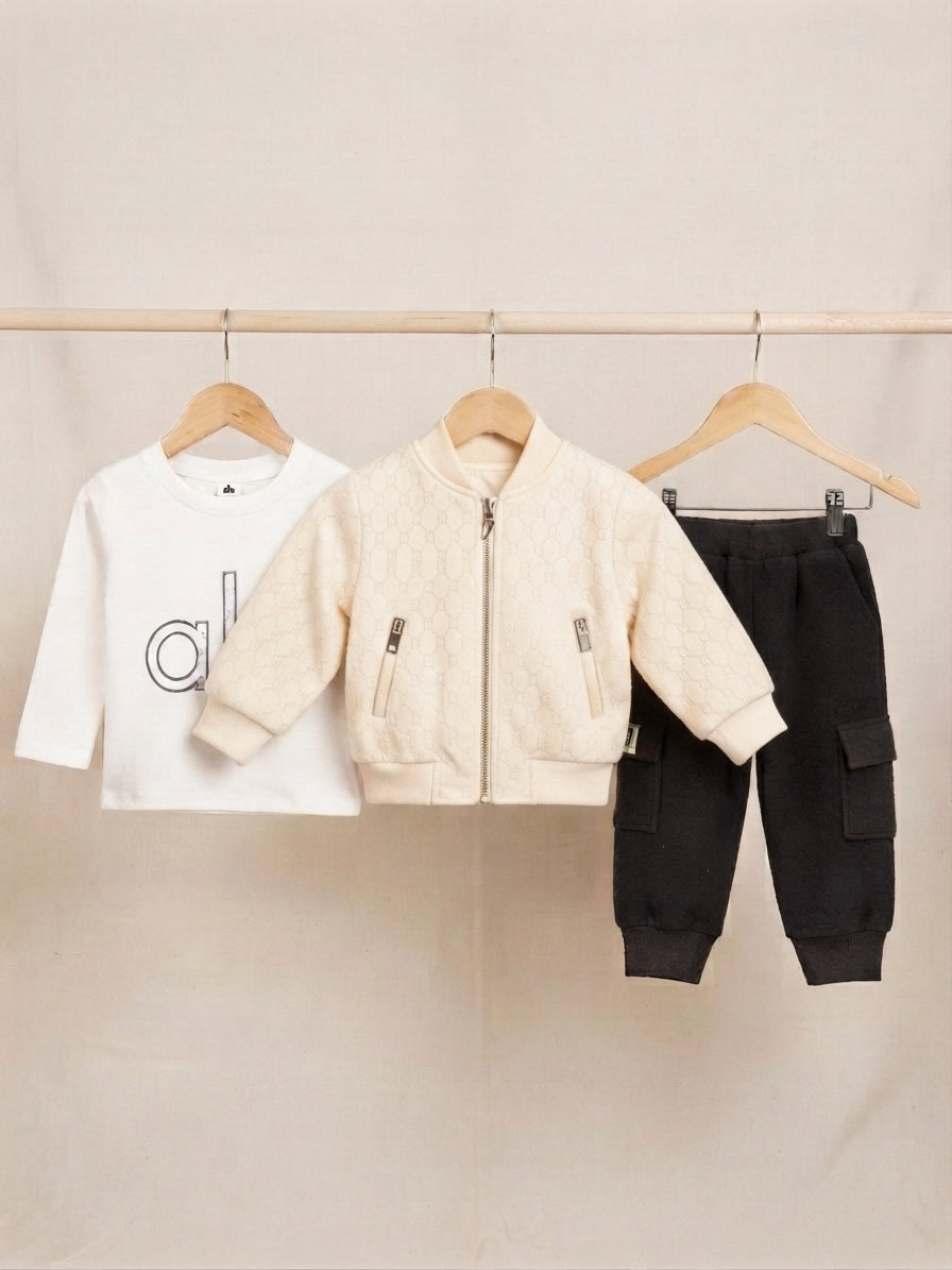 Stylish winter kids tracksuit set featuring a printed shirt warm jacket and cargo trousers