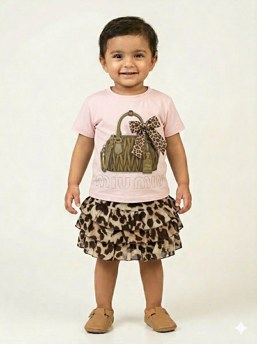 Adorable Toddler Girl Leopard Print Skirt and Designer Style T-Shirt Two-Piece Fashion Outfit Set
