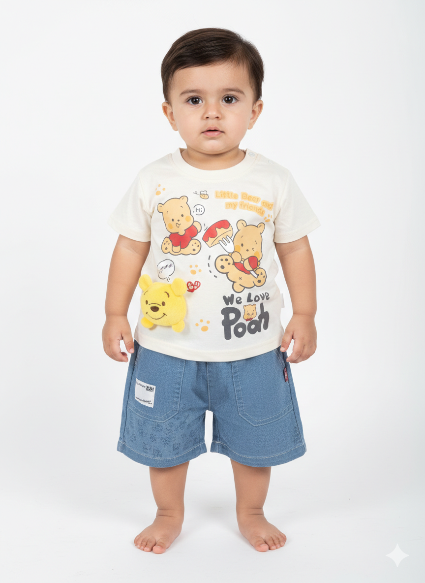 Boys' "We Love Pooh" 3D Plush Character Tee and Denim Shorts Summer Outfit Set