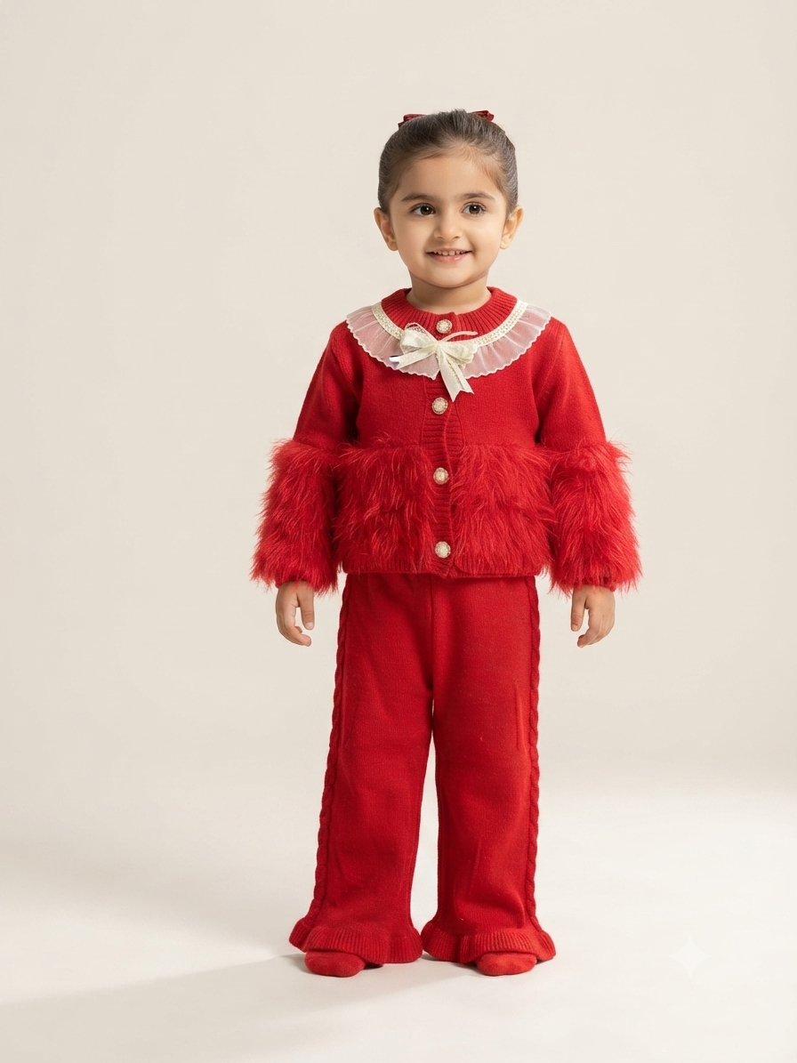 Chic girls winter knitted cardigan and full length trouser set with faux fur and bow collar.