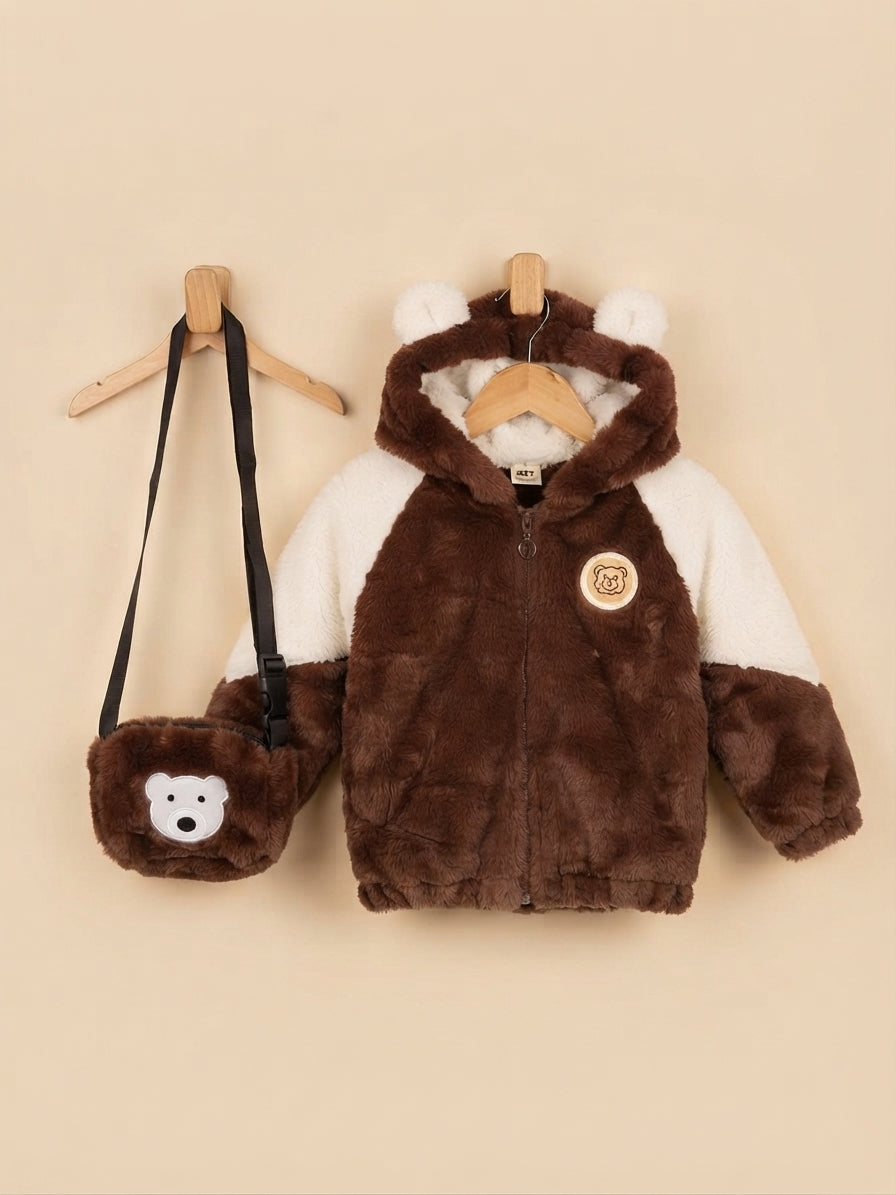 Kids Cute Bear Ear Hooded Faux Fur Jacket With Matching Crossbody Bag Set