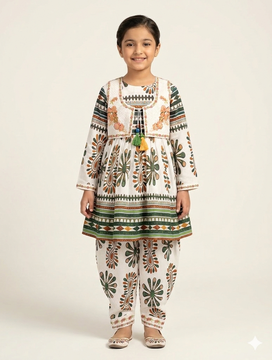 Girl's Ethnic Printed Cotton Kurta with Embroidered Waistcoat and Matching Tulip Shalwar Suit Set