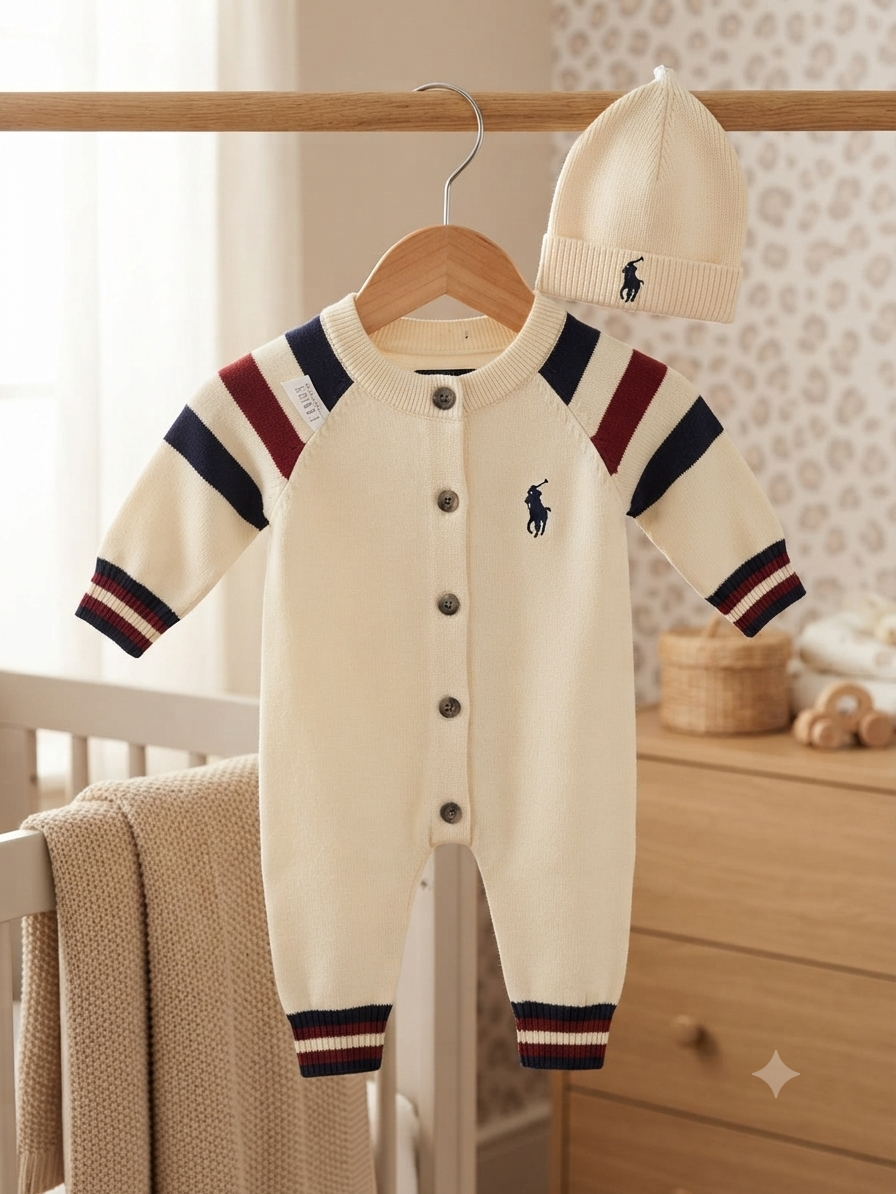 Premium Knit Baby Romper And Matching Beanie Hat Set For Stylish And Cozy Comfort