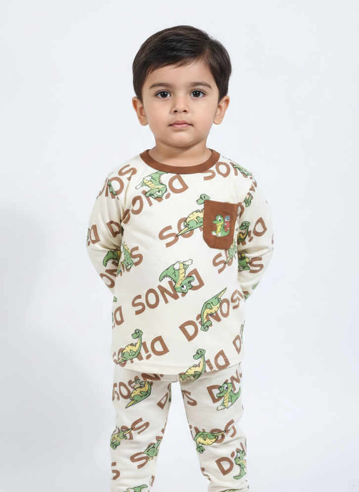 China Imported Kids Night Suit – Alphabet with Dinosaur Print | Soft Cotton Nightwear with Pocket