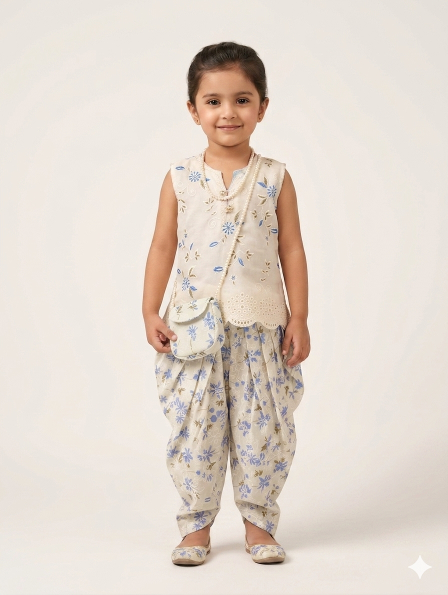 Charming Kids Floral Embroidered Kurti and Printed Dhoti Shalwar Set with Matching Purse