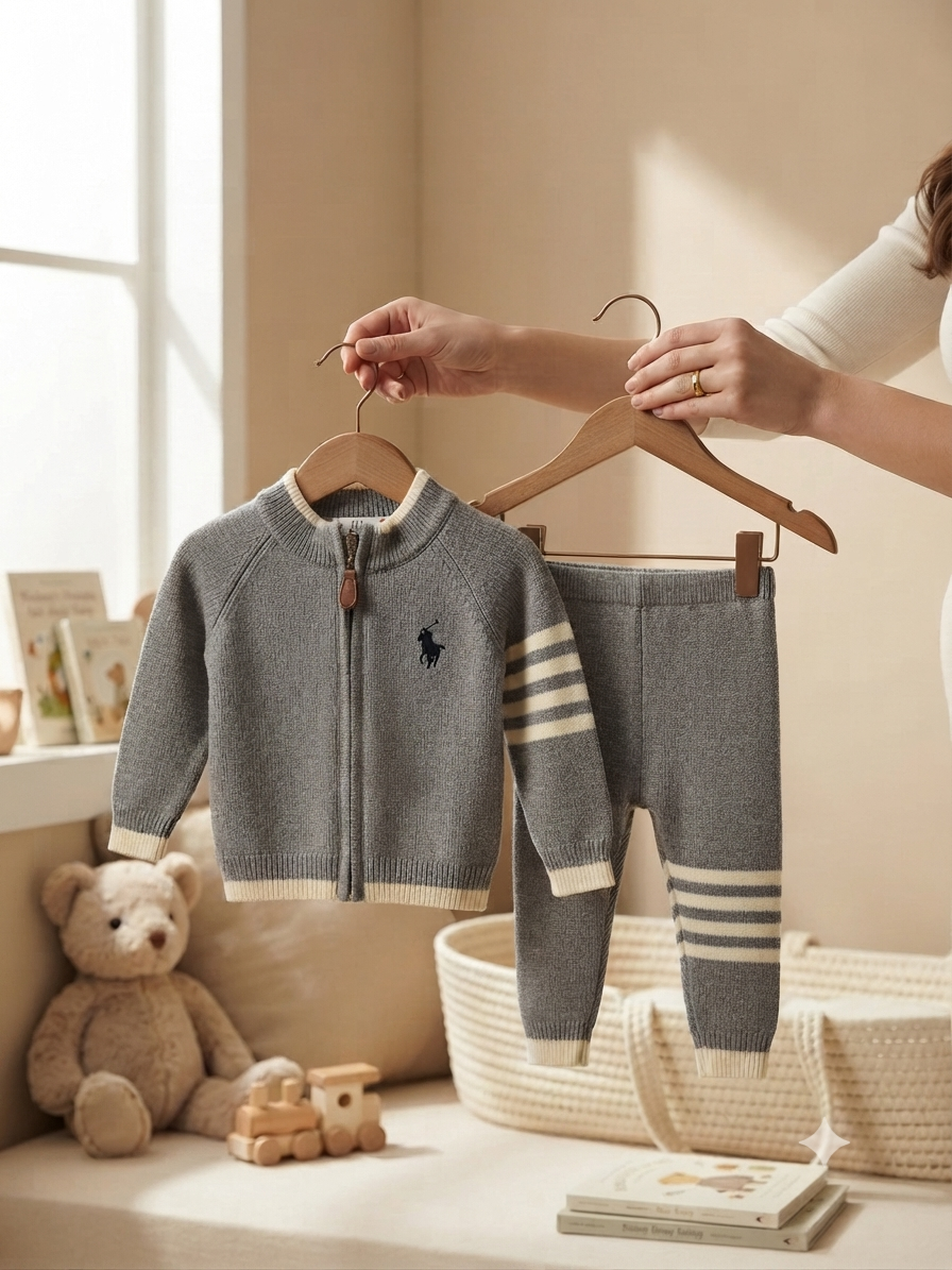 Premium Camel Knit Zip-Up Jacket And Trouser Set For Cozy Baby Boy Winter Fashion