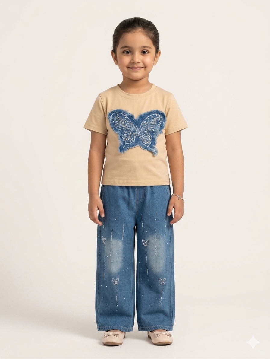 Denim Butterfly Elements Girls' Two-Piece Top and Wide-Leg Jeans Set
