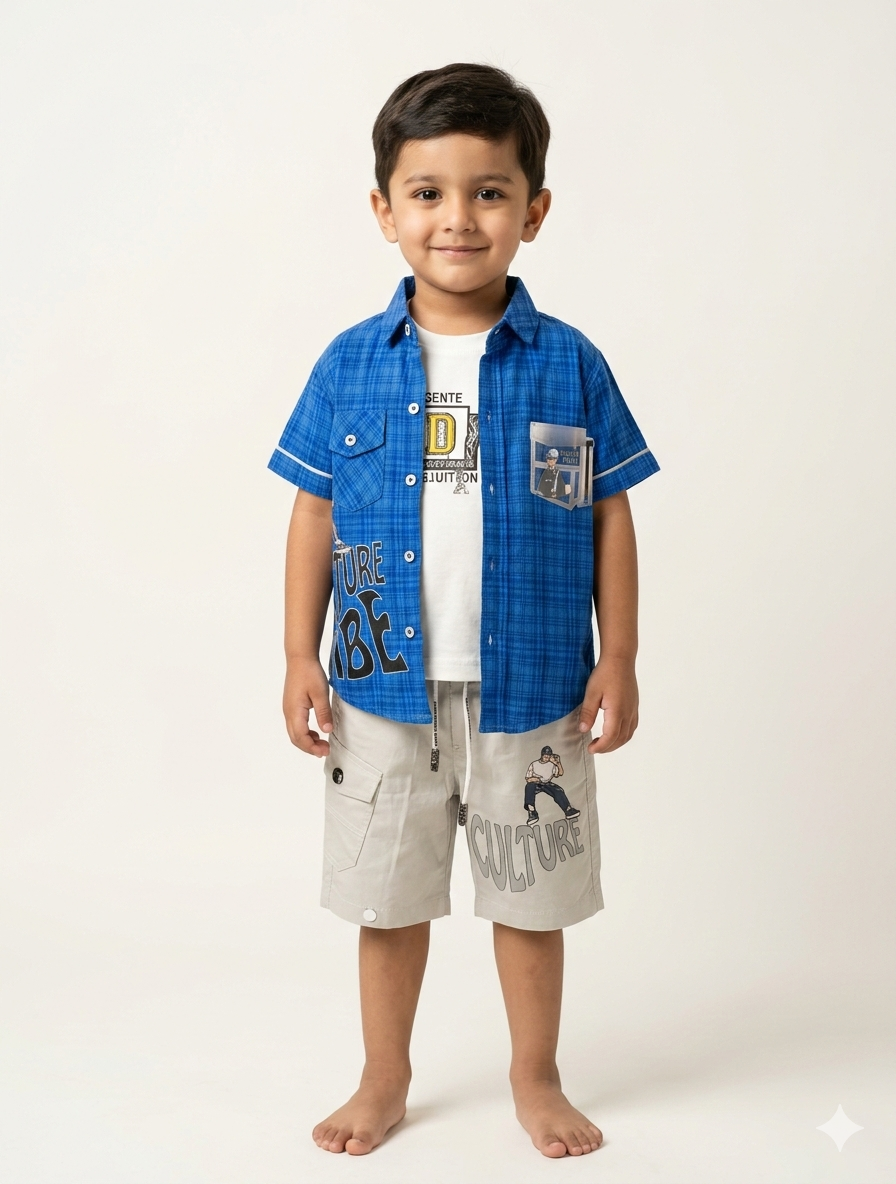 Boys Modern Plaid Streetwear Set with Graphic Tee and Cargo Shorts with Culture Print